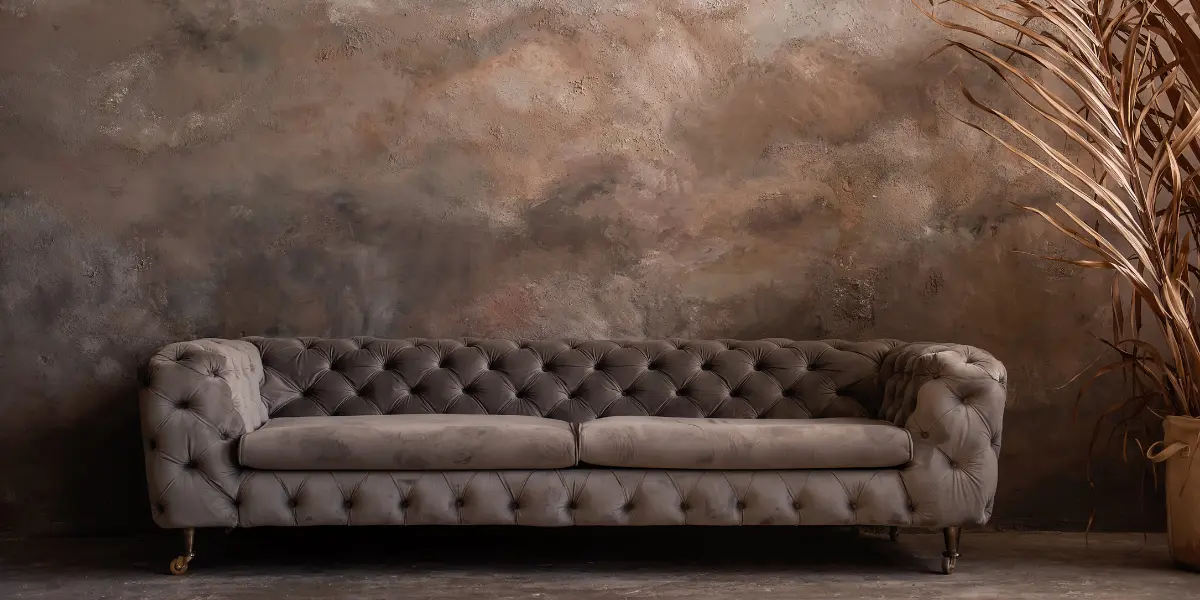 slide2 Luxurious tufted sofa with premium sofa upholstery, set against a rustic textured wall. Perfect for enhancing interiors with elegant sofa upholstery and timeless design. Ideal for homes or offices in Bahrain, showcasing high-quality craftsmanship and style by Sofa Repair Bahrain.