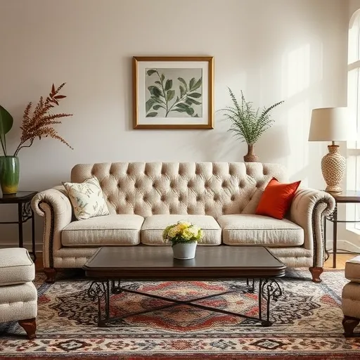 Generate a serene image of a beautifully restored sofa set in a cozy living room setting in Ar Ruqah, Bahrain, emphasizing the quality of upholstery work. This image should capture the essence of comfort and elegance, suitable for alt description use. Couch Fix in Ar Ruqah Sofa Repair Bahrain