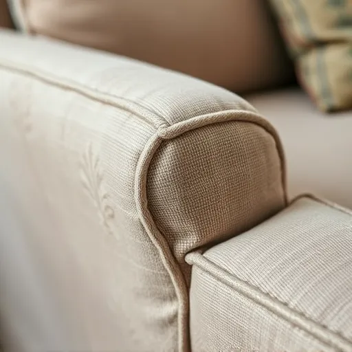 Design a creative image featuring a close-up of a reupholstered sofa, highlighting the intricate details of the fabric and stitching. This image will serve as an alt description for a webpage about sofa repair services. Couch Fix in Buri Sofa Repair Bahrain
