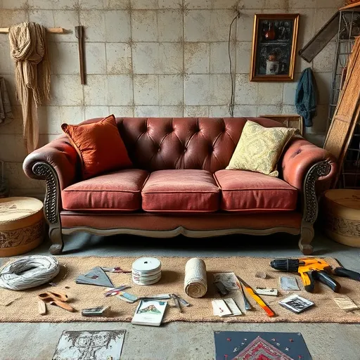 Design an artistic image reflecting 'Couch Repair in Ad Diraz', showcasing tools and materials used in sofa repair, suitable for use as an alt description. Couch Repair in Ad Diraz Sofa Repair Bahrain