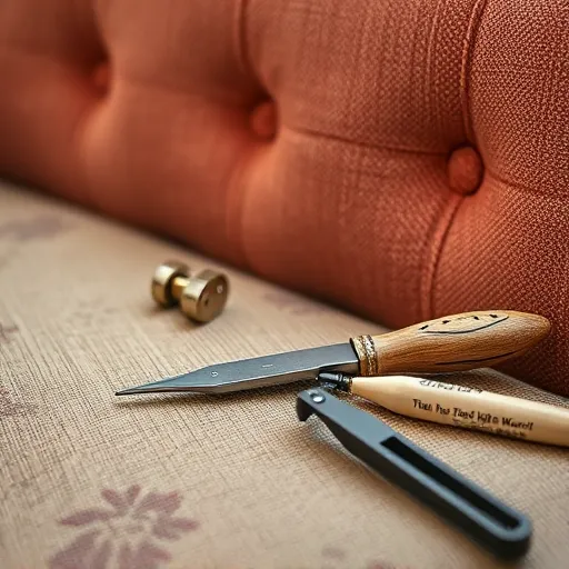 Generate a creative image that embodies the essence of 'Couch Repair in Al Hujayr', featuring a close-up of high-quality upholstery fabrics and tools used in sofa repair, suitable for use as an alt description. Couch Repair in Al Hujayr Sofa Repair Bahrain