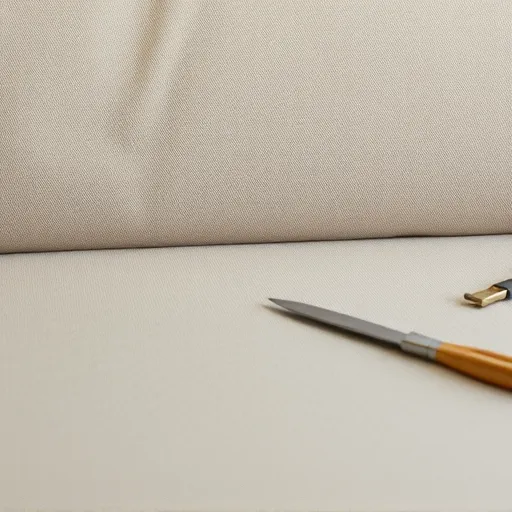 Design a minimalist and elegant image related to 'Couch Repair in Al Mamtalah', featuring a close-up of a textured sofa fabric and tools used for upholstery work, suitable for use as an alt description. Couch Repair in Al Mamtalah Sofa Repair Bahrain