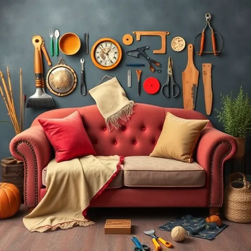Generate a creative image for Couch Repair in An Na’im that depicts a variety of sofa fabrics and upholstery tools arranged artistically. This image should serve as an alt description for the services provided. Couch Repair in An Na’im Sofa Repair Bahrain