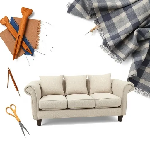 Design a transparent image that captures the essence of couch repair in Az Zinj, featuring tools like fabric swatches, upholstery needles, and a partially reupholstered sofa. The image should convey a sense of craftsmanship and dedication to quality in sofa repair. Couch Repair in Az Zinj Sofa Repair Bahrain