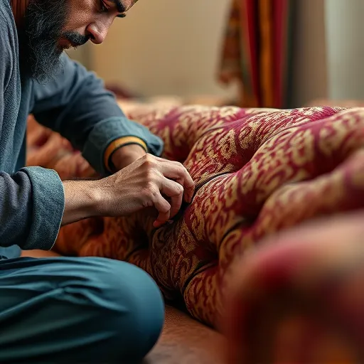Generate a creative image for 'Couch Repair in Halat Abu Mahir', depicting a close-up of a skilled craftsman working on sofa upholstery, emphasizing the textures and colors of the fabric, suitable for use as an alt description. Couch Repair in Halat Abu Mahir Sofa Repair Bahrain