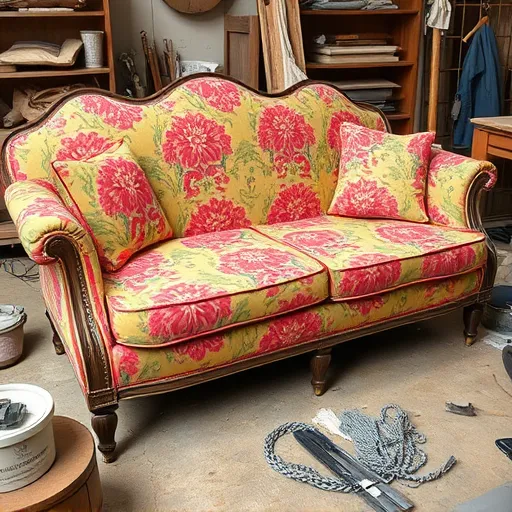 A detailed view of a beautifully reupholstered sofa in vibrant fabric, with tools and materials visible around it. This image should convey the artistry of upholstery work, making it suitable for alt description. Couch Repair in Mani Sofa Repair Bahrain