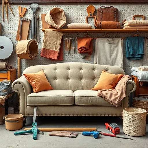 Design a creative image for 'Couch Repair in Southern' showcasing a workshop scene with tools and fabric materials used for sofa upholstery, ensuring the image is clear and visually appealing without any text. This image should illustrate the essence of the sofa repair process. Couch Repair in Southern Sofa Repair Bahrain