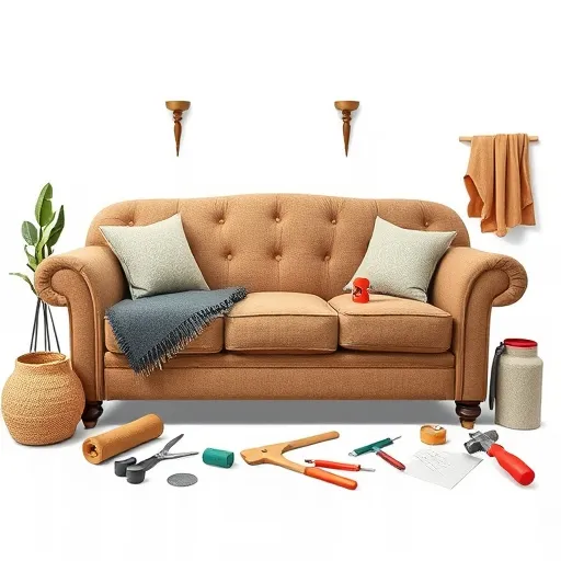 Design a creative image for 'Couch Repair in Tashshan', highlighting various types of fabrics and upholstery tools used in sofa repair. This image should convey the essence of quality repair work and can also serve as an alt description. Couch Repair in Tashshan Sofa Repair Bahrain