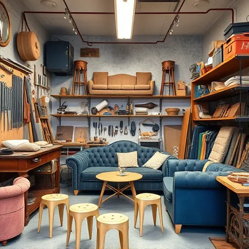 Generate a creative image that showcases the interior of a sofa repair workshop in Al Akr, Bahrain. The workshop should display various tools and materials used for sofa repair, emphasizing craftsmanship and quality. This image should be clear and suitable for use as an alt description. Divan Fix in Al Akr Sofa Repair Bahrain