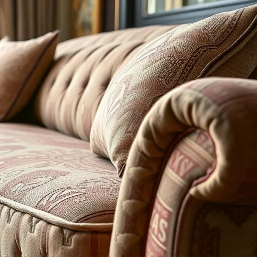 Design a captivating image that reflects the concept of furniture rejuvenation, featuring a close-up of a well-upholstered sofa with intricate fabric details, representing the quality work done at Divan Fix in Umm Jidr. This image should evoke a sense of craftsmanship and attention to detail, perfect for use as an alt description. Divan Fix in Umm Jidr Sofa Repair Bahrain
