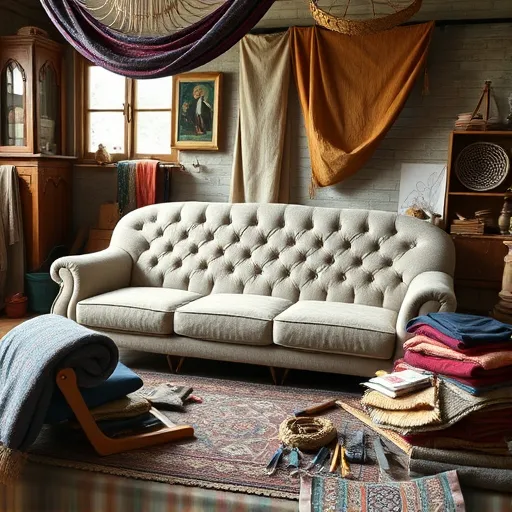 Design a visually appealing image of a divan repair workshop emphasizing tools and fabrics, suitable for use as an alt description for 'Divan Repair in Halah'. Divan Repair in Halah Sofa Repair Bahrain