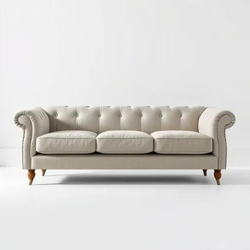 Design a minimalistic and elegant image of a divan sofa with a neutral background. The sofa should be upholstered in luxurious fabric, showcasing its detailed stitching and texture, perfect for use as an alt description. Divan Repair in Sitra Sofa Repair Bahrain