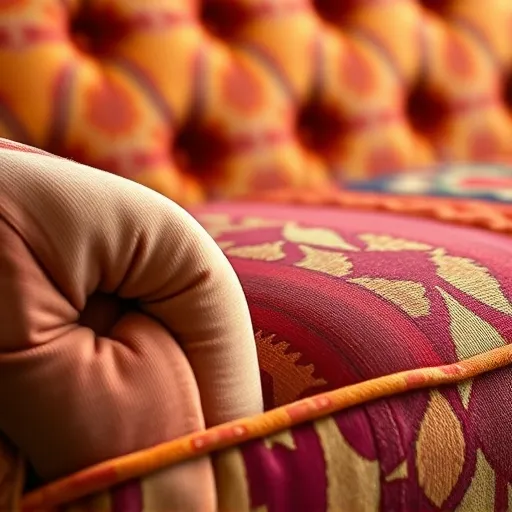 Create an artistic image of a close-up of vibrant sofa fabrics and textures used in upholstery, highlighting the craftsmanship involved in sofa restoration. This image should emphasize the colors and materials, suitable for an alt description. Divan Restoration in An Na’im Sofa Repair Bahrain
