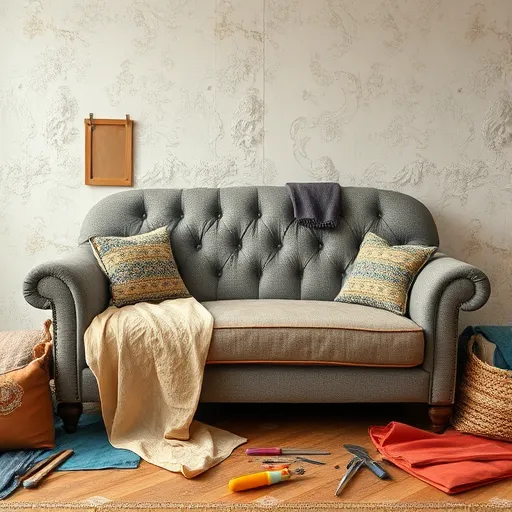 Divan Restoration in Awali An artistic arrangement of various sofa fabrics and upholstery tools, symbolizing the art of sofa restoration, suitable for alt description. Divan Restoration in Awali Sofa Repair Bahrain