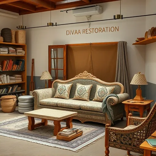 Design a visually appealing image for 'Divan Restoration in Bilad al Qadim' featuring a serene workshop environment with tools and fabrics used for sofa restoration. This image should capture the essence of craftsmanship and could also serve as an alt description. Divan Restoration in Bilad al Qadim Sofa Repair Bahrain