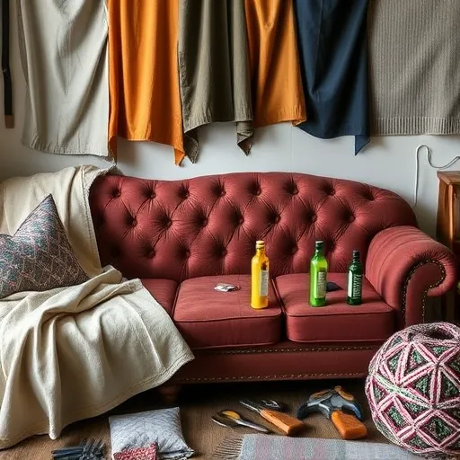 Generate a creative image for 'Divan Restoration in Karbabad' featuring various upholstery fabrics and tools used in sofa restoration, suitable for alt description. Divan Restoration in Karbabad Sofa Repair Bahrain