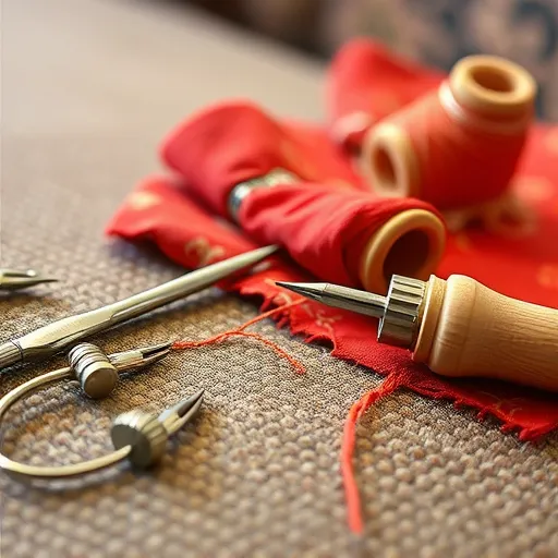 Design an image focusing on the intricate details of sofa upholstery repair tools like needles, threads, and fabric samples, representing the craftsmanship involved in sofa repair in Abu Baham. This image should be clear and vibrant, ideal for use as an alt description. Sofa Repair in Abu Baham Sofa Repair Bahrain