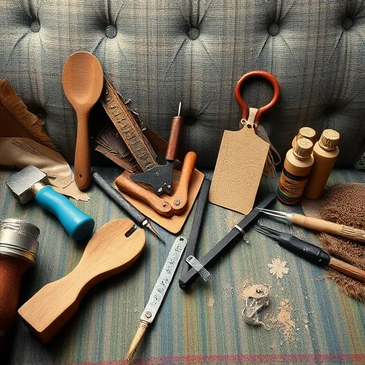 Design an artistic image representing the essence of sofa repair, featuring tools and materials used in the upholstery process. The image should be abstract yet relevant to sofa repair, suitable as an alt description. Sofa Repair in Ad Dur Sofa Repair Bahrain