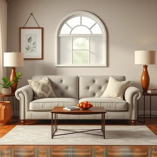 Generate an image representing a beautifully repaired sofa in a cozy living room setting in Al Musalla. The sofa should look inviting and stylish, showcasing quality upholstery work. This image should also serve as an alt description for the sofa's features. Sofa Repair in Al Musalla Sofa Repair Bahrain