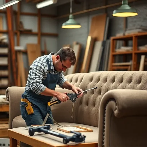 Sofa Repair in Al Qaryah Design an elegant image of a professional craftsman repairing a sofa in a workshop. The craftsman should be focused on the task, using tools and high-quality materials. This image should convey a sense of skill and dedication, suitable for use as an alt description. Sofa Repair in Al Qaryah Sofa Repair Bahrain