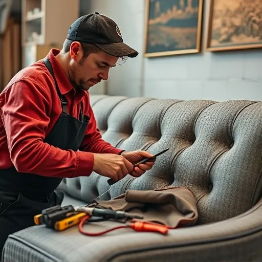 Design a transparent image of a skilled craftsman working on a sofa upholstery repair, showcasing the intricate details of the fabric and tools used, suitable for alt description. Sofa Repair in An Na’im Sofa Repair Bahrain