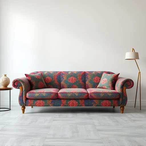 Design a minimalist image featuring an elegant sofa with a vibrant fabric in a modern living room. The image should focus on the sofa's details and textures, allowing it to serve as a visual representation of quality upholstery work. Sofa Repair in Az Zallaq Sofa Repair Bahrain