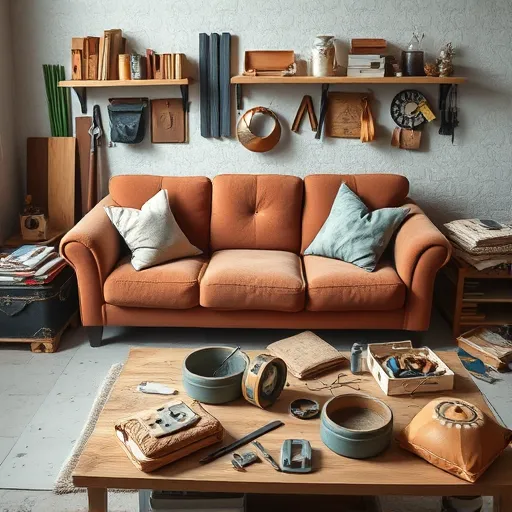 Generate an artistic image representing 'Sofa Repair in Karzakkan', featuring tools and materials used in sofa repair, with emphasis on a clean and professional workspace that can also serve as an alt description. Sofa Repair in Karzakkan Sofa Repair Bahrain