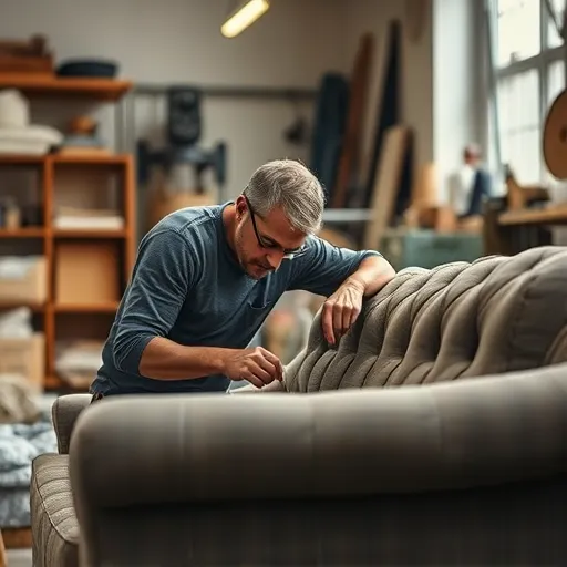 Generate an artistic image of a skilled craftsman working on a sofa repair in a well-lit workshop. The focus should be on the craftsmanship and materials used, capturing the essence of sofa repair. This image should be suitable for use as an alt description. Sofa Repair in Manama Sofa Repair Bahrain