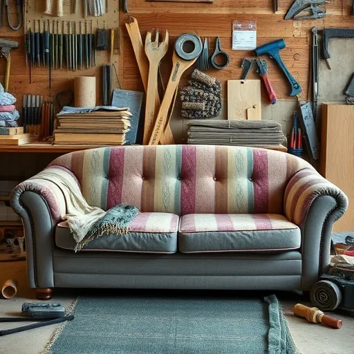 Design a creative image that highlights the process of sofa repair, showing tools, fabrics, and a partially repaired sofa in a workshop setting. This image should evoke a sense of craftsmanship and quality in sofa repair in Maqaba, and can serve as an alt description. Sofa Repair in Maqaba Sofa Repair Bahrain
