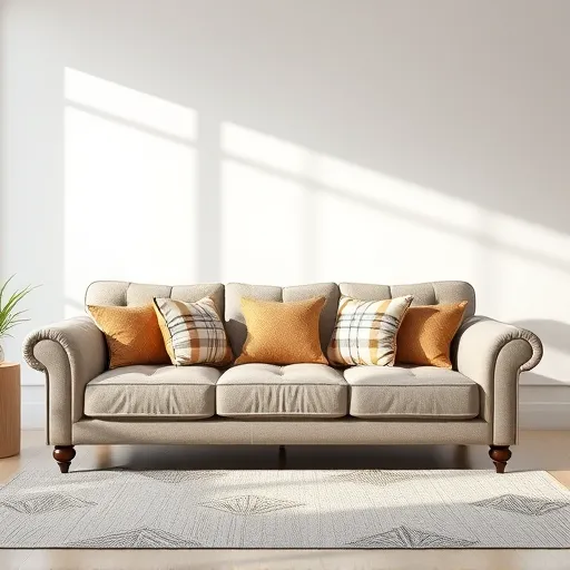 Create a visually appealing image of a stylish sofa with decorative cushions in a bright, airy room, perfect for use as an alt description that highlights the sofa's design and fabric. Sofa Service in Al Ghurayfah Sofa Repair Bahrain