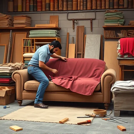 An artistic representation of a skilled craftsman reupholstering a sofa in a workshop setting, with various fabrics and tools around. This image should convey the essence of quality sofa repairs and upholstery services in Al Hujayr, Bahrain, suitable for alt description. Sofa Service in Al Hujayr Sofa Repair Bahrain