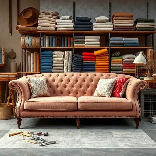 Sofa Service in Al Maamir Design an image of a beautifully arranged sofa with luxurious upholstery materials in a workshop setting, showcasing various sofa fabrics and tools, suitable for use as an alt description. Sofa Service in Al Maamir Sofa Repair Bahrain