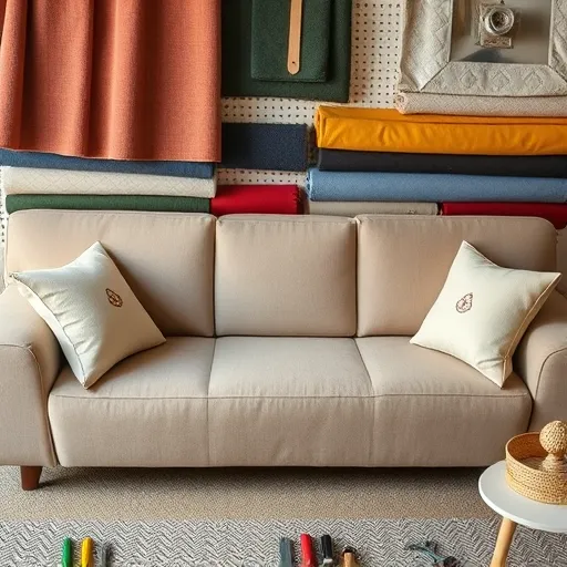 Generate a visually appealing image focused on 'Sofa Service in Ar Rifa ash Sharqi', showcasing an assortment of sofa fabrics and upholstery tools arranged aesthetically. This image should be suitable for use as an alt description, emphasizing the craftsmanship involved in sofa repair. Sofa Service in Ar Rifa ash Sharqi Sofa Repair Bahrain