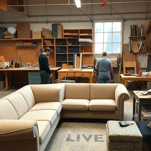 Generate an image of a workshop environment where skilled artisans are reupholstering sofas, showcasing tools and materials used in the process. This image should highlight the craftsmanship involved in sofa repair and can be used as an alt description. Sofa Service in Jurdab Sofa Repair Bahrain