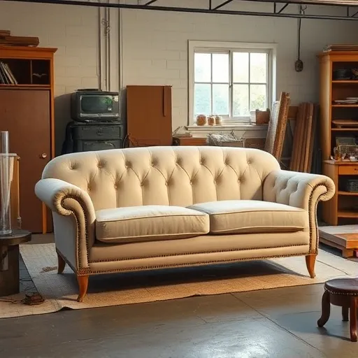 Design an elegant, transparent image of a sofa being reupholstered in a workshop setting, highlighting the craftsmanship involved in sofa repair, suitable for use as an alt description. Sofa Service in Maqaba Sofa Repair Bahrain