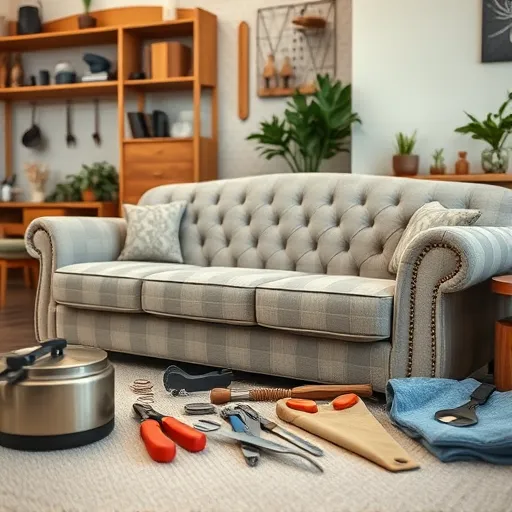 Design a creative image for 'Sofa Service in Marwazan' that captures the essence of furniture repair, focusing on tools and materials used in sofa upholstery. This image should also serve as an alt description highlighting the craftsmanship involved in sofa restoration. Sofa Service in Marwazan Sofa Repair Bahrain