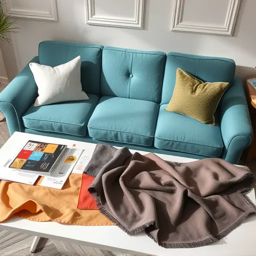 Design a creative image for 'Sofa Upholstery in Ad Diraz' depicting a variety of sofa fabrics and swatches laid out elegantly on a table. This image should be bright and inviting, perfect for showcasing the range of upholstery options available. The alt description can be 'A display of various sofa upholstery fabrics for selection in Ad Diraz'. Sofa Upholstery in Ad Diraz Sofa Repair Bahrain