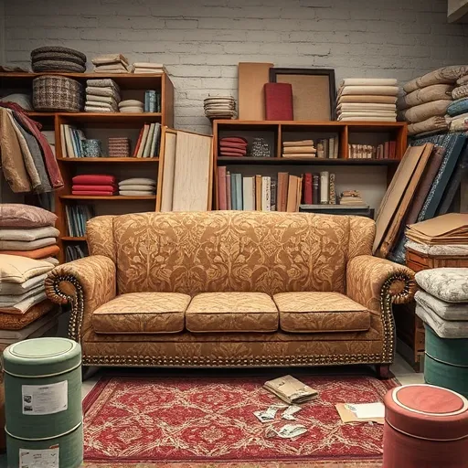An artistic representation of a sofa repair workshop in Mani, Bahrain, emphasizing the craftsmanship and upholstery materials used, suitable for an alt description. Sofa Upholstery in Mani Sofa Repair Bahrain