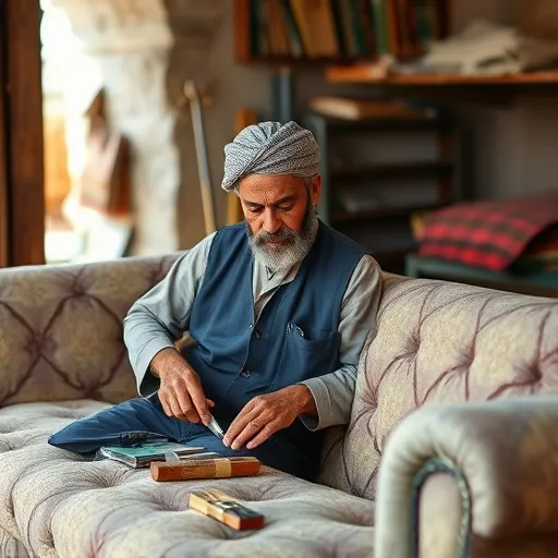 Generate a high-resolution image of a skilled craftsman working on a sofa upholstery project, representing the art of sofa upholstery in Maqaba. This image should highlight the tools and materials used in the process, suitable for use as an alt description. Sofa Upholstery in Maqaba Sofa Repair Bahrain