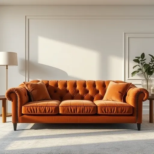 Design an elegant and modern sofa in a serene home environment, highlighting its rich upholstery and design. This image should be suitable for use as an alt description, capturing the beauty and comfort of a well-upholstered sofa. Sofa Upholstery in Qubayt Sofa Repair Bahrain