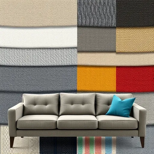 Create an artistic image of a fabric swatch display for sofa upholstery with various textures and colors, suitable for use as an alt description while avoiding any text. Sofa Upholstery in Sanabis Sofa Repair Bahrain