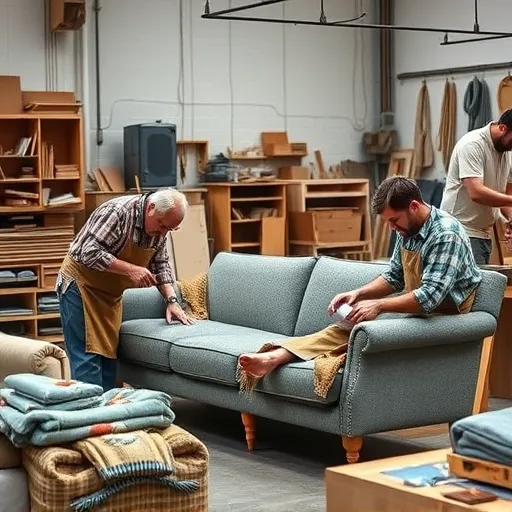 Generate an image of a workshop where skilled craftsmen are working on sofa upholstery, emphasizing tools and fabrics used in the process, suitable for alt description. Sofa Upholstery in Sanad Sofa Repair Bahrain