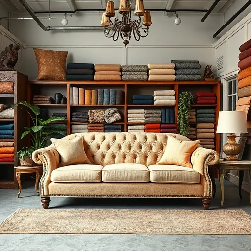 Generate an image of an elegant sofa upholstery workshop with various fabric samples displayed, capturing the essence of professional upholstery work, suitable for alt description. Sofa Upholstery in Tashshan Sofa Repair Bahrain