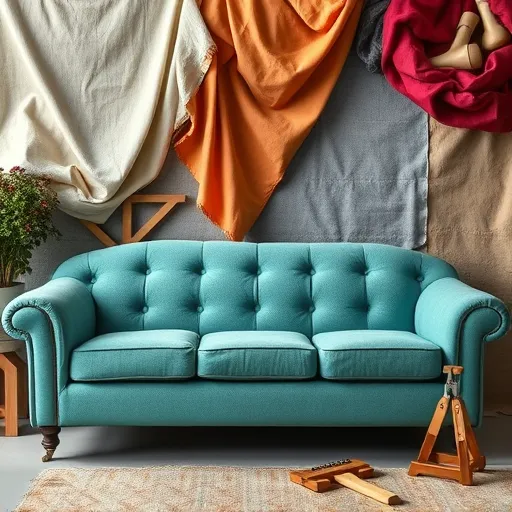 Design a visually appealing image representing the concept of sofa upholstery, featuring various fabrics and tools used in the upholstery process. The image should be bright and engaging, suitable for use as an alt description to convey the quality and craftsmanship involved in sofa upholstery. Sofa Upholstery in Umm Jidr Sofa Repair Bahrain